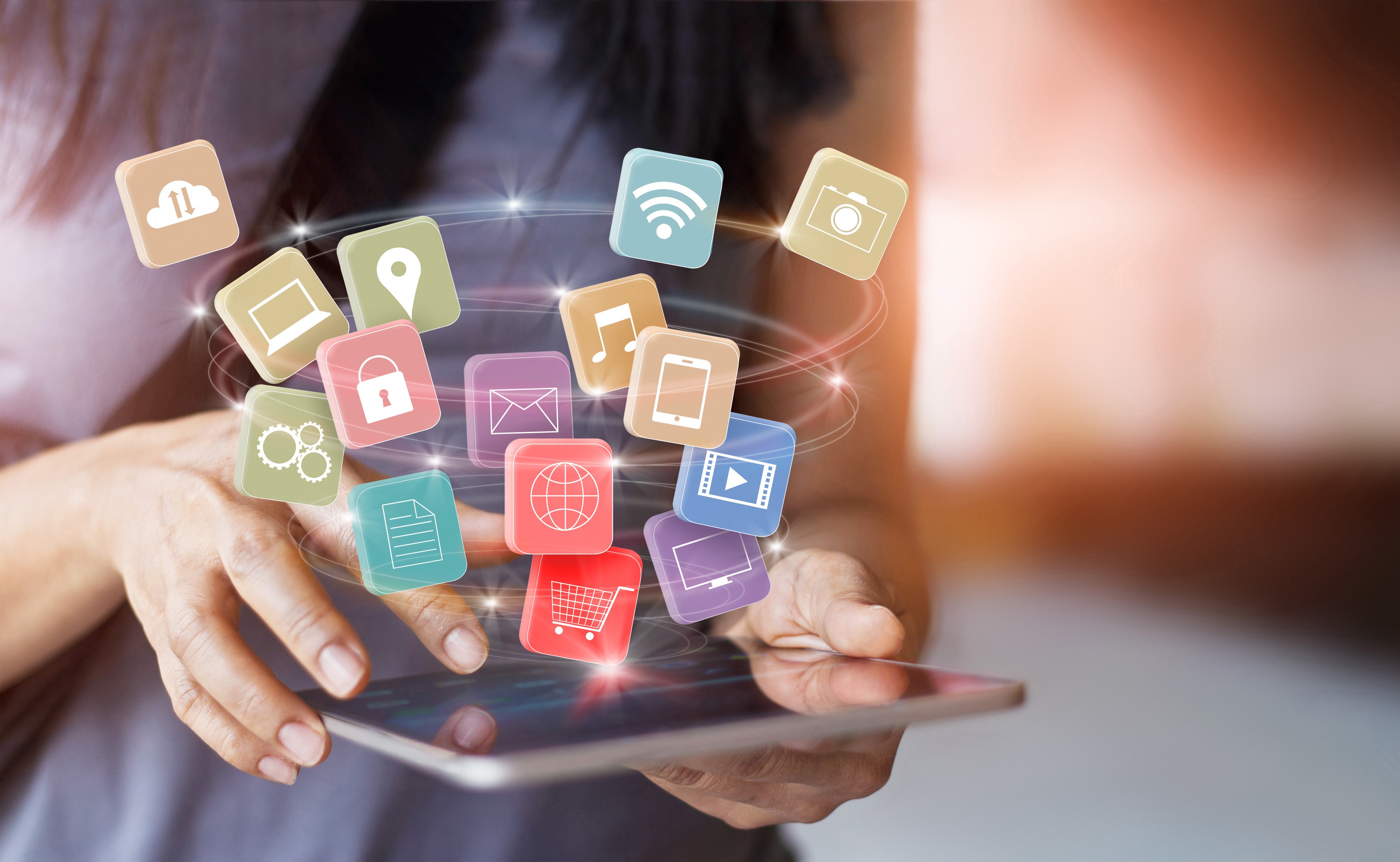 woman using mobile tablet payments online shopping and icon customer network connection on screen, pay all, m-banking and omni channel
